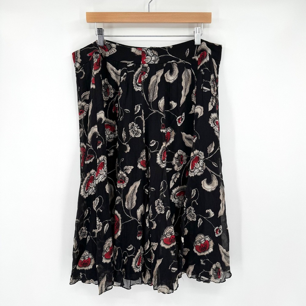 Jones New York Chiffon Silk Midi Skirt‎ Red Cream Flower Print Silk Womens 16